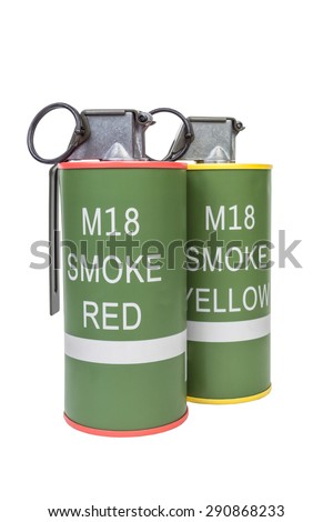 M18 Smoke Red and Yellow explosive model, weapon army,standard timed fuze hand grenade on white background