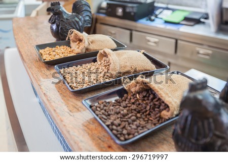 sack of coffee grains on table