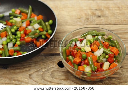 bowl of vegetable salad in front of frying pan