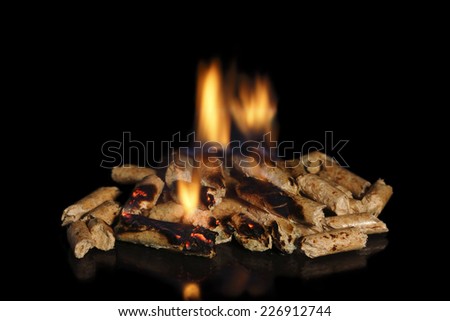 burning wood pellets on black background