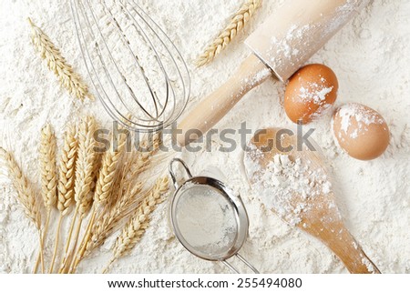 variety of objects on flour surface, baking or flour background