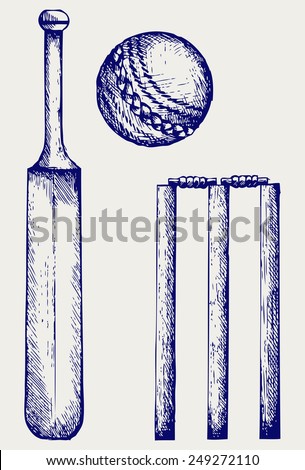 Set equipment for cricket. Cricket bat and ball. Doodle style