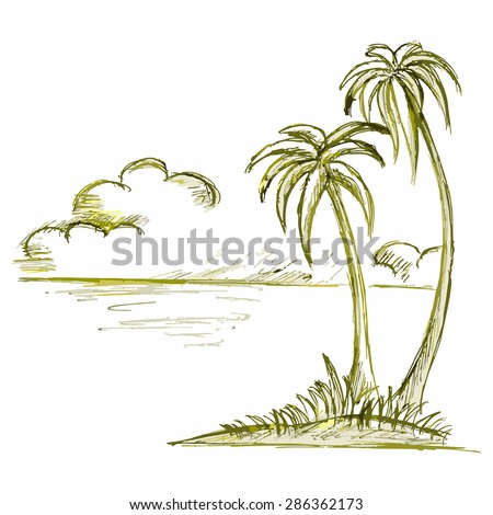 Vector image of the island with palm trees. Landscape ocean