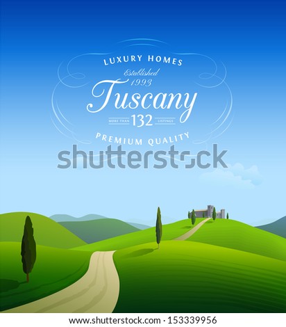 Tuscany Landscape Background With Calligraphic Vintage Label
