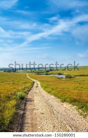 A gravel road going through a grass prairie in the flint hills of Kansas.