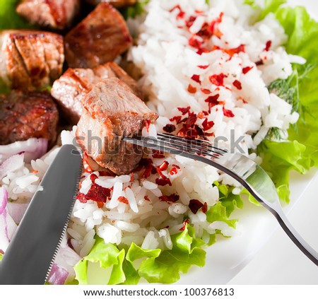 fork and knife on a dish with rice and meat