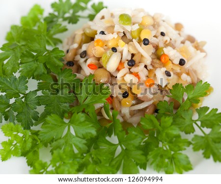 Steamed rice and lentils with vegetables