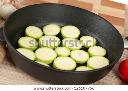 Zucchini in the pan, ready for cooking