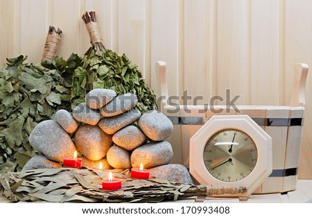Candles, stones for sauna and bath accessories.