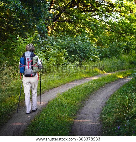 Traveler with a backpack and trekking sticks.Woman hiker in the forest. View from the back.  Photographed in Russia.