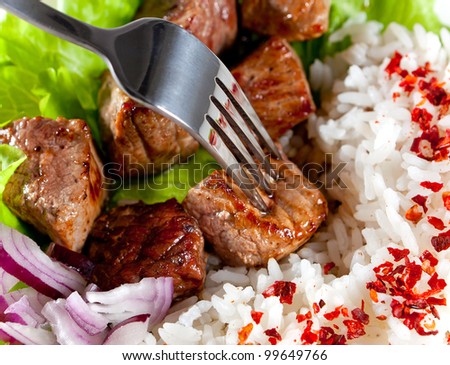 fork on a dish with rice and meat