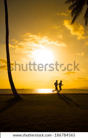 Silhouette of two runners running along the horizon at sunset\'s golden hour.