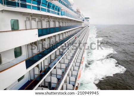 Port side of cruise ship sailing along the Pacific Northwest
