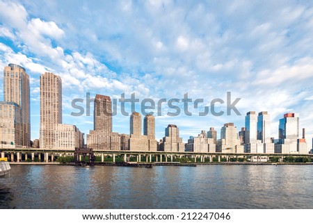 West side midtown and uptown Manhattan skyline from Hudson River, including Time Warner Towers