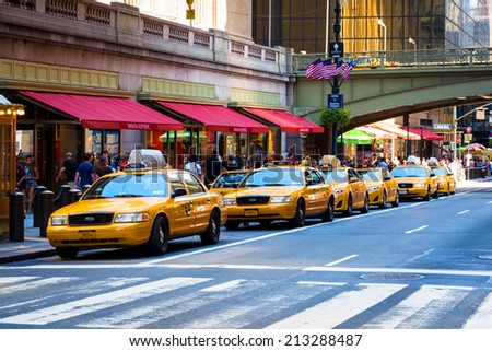NEW YORK CITY - AUGUST 25:  Taxis are lined up in front of Grand Central Terminal on August 25, 2013.  Grand Central Terminal Station is one of the busiest train terminals in the U.S.