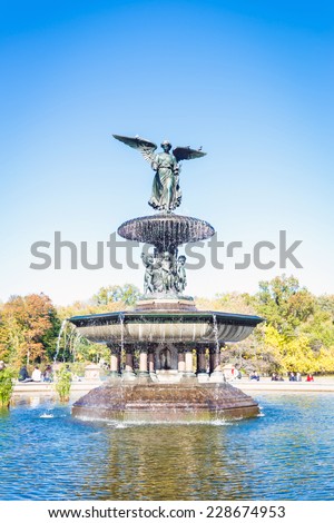 The Angel of the Waters statue at Bethesda Fountain in Central Park, New York City, USA on a clear fall day