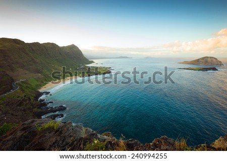 Part of Oahu south shore, including Makapuu Beach near Sea Life Park and Rabbit Island, from lookout during sunset