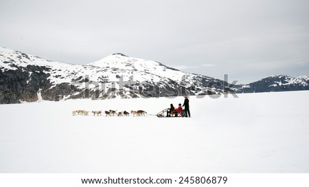 Panorama of huskies and malamutes pull dog sled rider tourists along Alaska glacier snow between mountain ranges