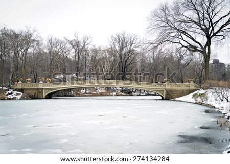 Central Park\'s Bow Bridge in winter, the oldest bridge in New York City, was completed in 1862