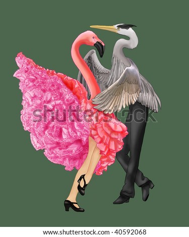 A Great Blue Heron and an Flamingo dance