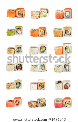 various Japanese sushi rolls, over white background