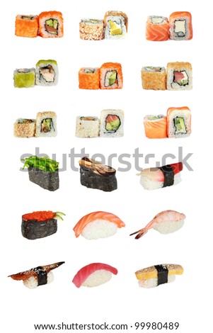 sushi set. various Japanese sushi rolls, over white background