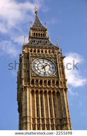 Close view of the clock face of Big Ben, the clock tower of the Palace of Westminster.