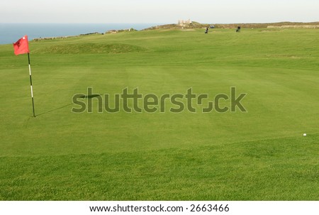 A golf ball on the fringe of a green.