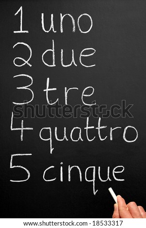 A teacher writing numbers one to five in the Italian language.