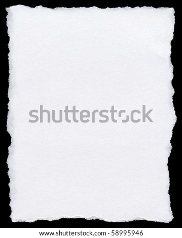 White torn paper page isolated on a black background.