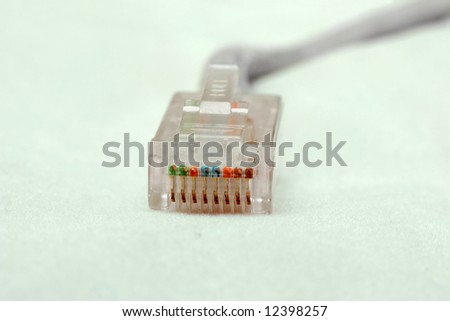 An RJ-45 network connector at the end of a UTP Ethernet cable