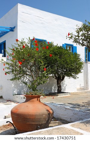 A part of a typical Greek island white house with the flowers in the front (Pirgos, Tinos island, Greece)