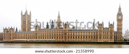 A panoramic shot of the Houses of Parliament and the Big Ben in London, UK