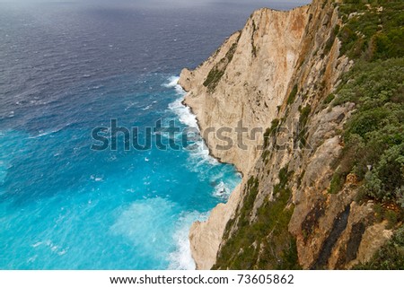 A steep and rough coast on the west side of Zakinthos island, Greece