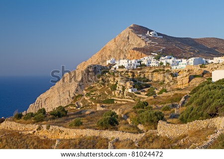 The barren landscape of Folegandros island in the Aegean sea, Greece; its capital town sits on the edge of a steep cliff