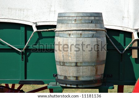 Barrel on a covered wagon. Photo take an Shoal Creek Living History Museum in Kansas City, Missouri.