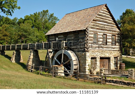 A log and stone mill at Shoal Creek Living History Museum in Kansas City, Missouri.