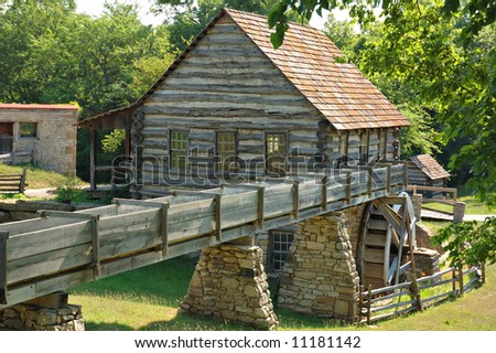 Log and stone mill at Shoal Creek Living History Museum in Kansas City, Missouri.
