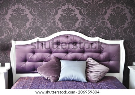purple bedroom interior,  luxurious bed.