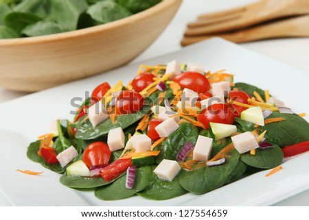 Healthy Main-Course Spinach Salad with Turkey on a White Plate (with focus on front edge of salad)