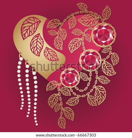 stock vector : Jewelry heart with rubies and pearls