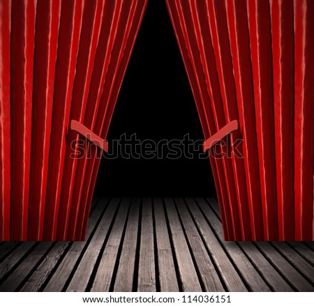 Rendering 3D red velvet theater curtains and Wood floor