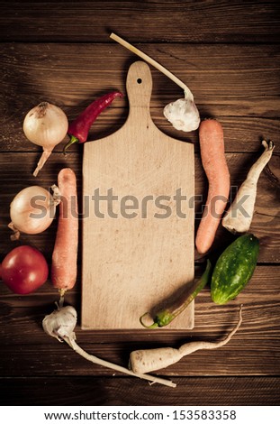 Vegetables And Spices Vintage Border And Empty Cutting Board