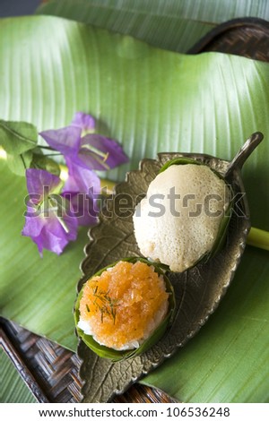 two kinds of Thai dessert on golden plate in old style