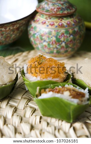 native dessert in banana leaf cup in Thai old style