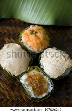 group of Thai dessert sweet sticky rice with topping