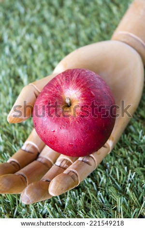 wooden hand give fresh apple to you