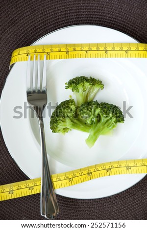 fresh broccoli in white plate with yellow measure tape