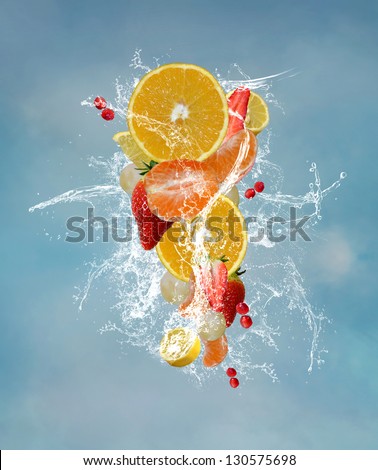 Fruits and water splash