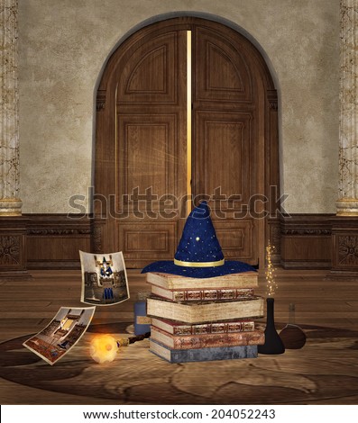 Wizard hat and magic objects in an old room